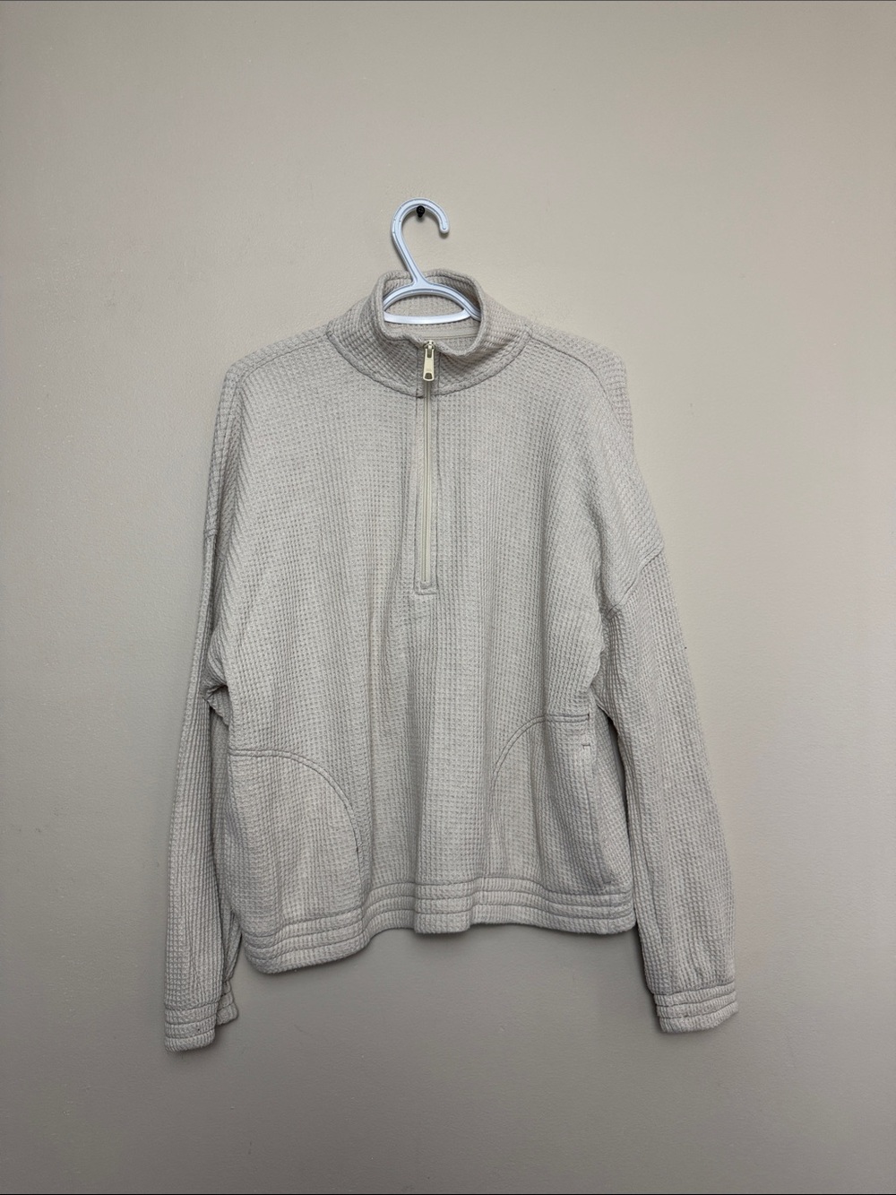 Aerie Cream Waffle Knit Half Zip Pullover Oversized Sweater Large Cozy Neutral - Picture 2 of 9